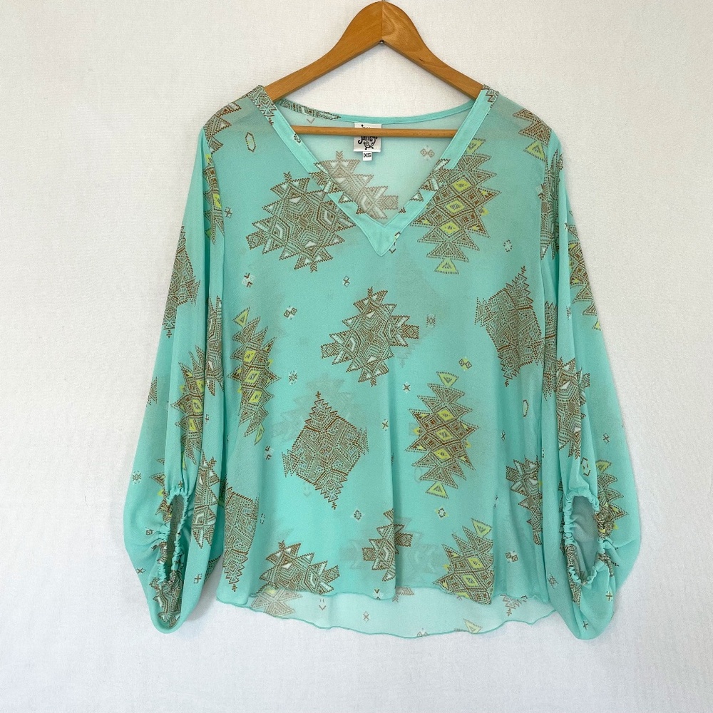 IVY JANE Women’s XS Semi-Sheer Turquoise Aztec Print Ballon Sleeve Blouse